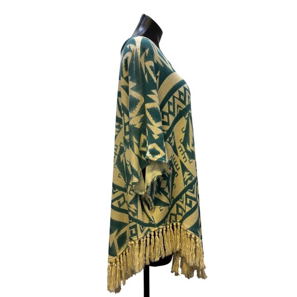 Tasha Polizzi Collection Cream & Teal Aztec Print Poncho Blouse L/XL Tassel Frin - Picture 3 of 6